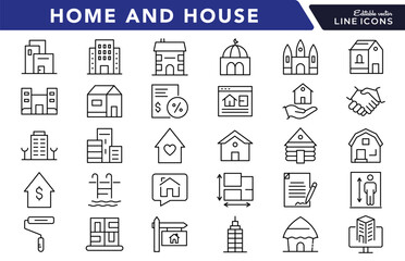 Property and residence linear icon set. House, home, apartment, building, real estate, architecture, neighborhood, family, shelter, design, interior, exterior, vector icon pack in thin line style.