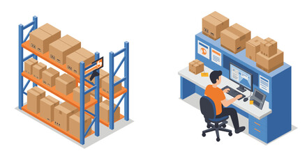 Isometric warehouse management with computer station and storage shelves