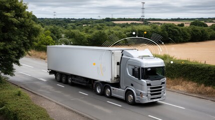 A large truck drives along a highway, utilizing advanced technology amidst a picturesque agricultural setting under clear skies