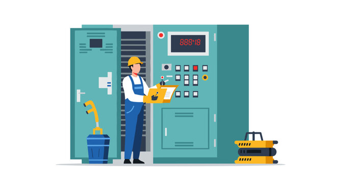 Electrician examining control panel in industrial setting for maintenance work