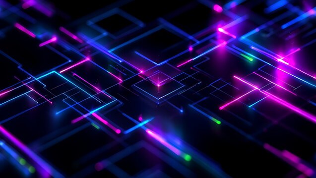 Abstract neon light trails and geometric patterns in a futuristic digital network