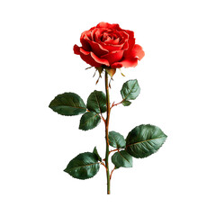A single bright red rose with green leaves stands alone on transparent background