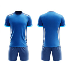 Blue soccer jersey with front and back design, white background, mockup style