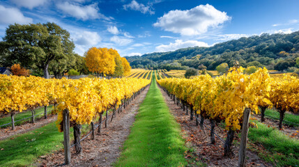 Naklejka premium Vibrant vineyard landscape featuring rows of golden grapevines under a bright blue sky with fluffy clouds, showcasing the beauty of autumn in a rural setting