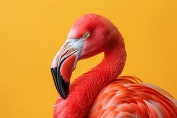 Fototapeta na wymiar A pink flamingo headshot on a yellow background