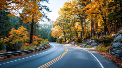 Fototapeta premium Scenic winding road through vibrant autumn forest with colorful foliage, showcasing the beauty of nature and seasonal change in a tranquil outdoor setting
