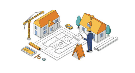 Isometric architectural planning scene with builder and house blueprint elements