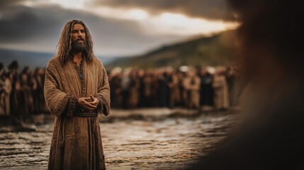 John the Baptist preaches beside the Jordan River, calling for repentance, spiritual renewal, and the awakening of faith in all who listen.