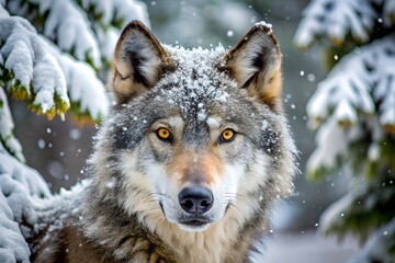 Obraz premium Closeup portrait of a majestic wolf with snow on its fur in a winter forest setting
