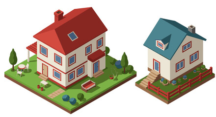 Cozy isometric houses with garden and fences