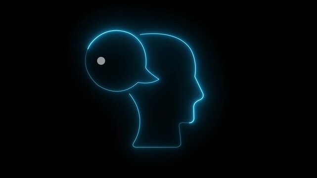 glowing neon Profile of thinking man with dots. neon profile notification icon animation on black background. Customer service icon animation. message box chat news user dots sign symbol.