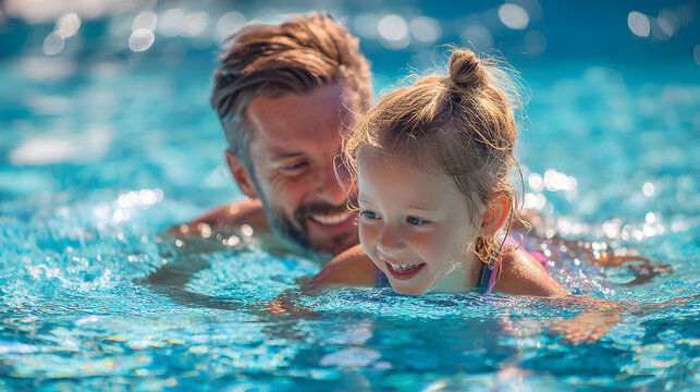 A joyful Caucasian father swimming with his happy daughter in a bright blue pool, creating cherished summer memories.
