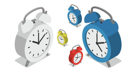 Isometric retro alarm clocks in various colors for vintage-themed design