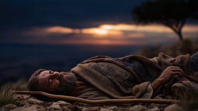 Moses lies in death upon Mount Nebo, the blazing sky above him casting divine light, symbolizing the end of his earthly journey and the eternal promise beyond.