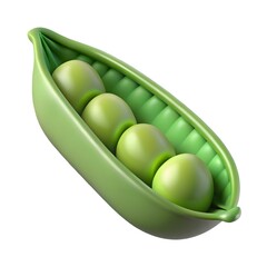 Fresh green pea pod with four round peas inside isolated on healthy food concept