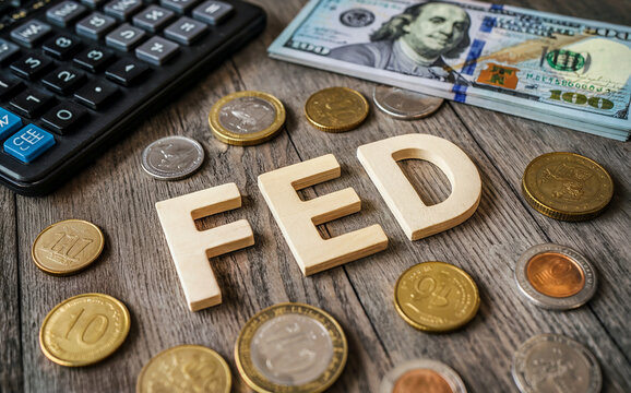 "FED" word in wooden letters surrounded by dollar bills, coins, and calculator, symbolizing Federal Reserve, economics, and monetary policy.