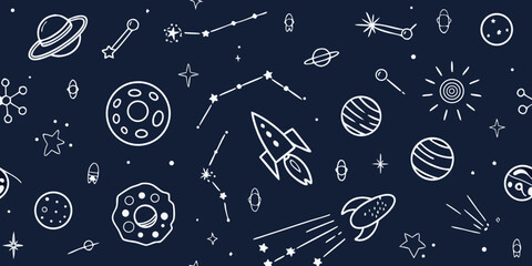 Whimsical hand drawn doodle pattern of planets rockets stars constellations and the sun on a dark blue background © Juel
