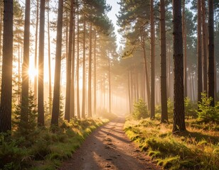 Fototapeta premium Sunlit Forest Path Morning Rays Through Tall Pine Trees Nature Serenity Scene