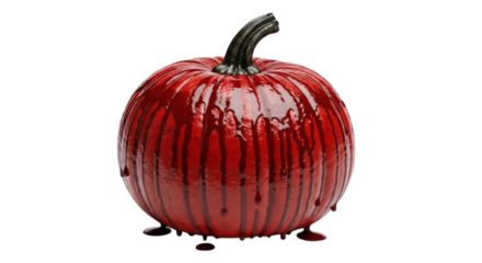 Red liquid dripping down a glossy pumpkin on a shiny black background