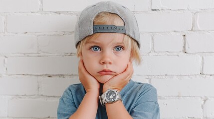 Bored child wearing wristwatch and cap posing with hands on chin