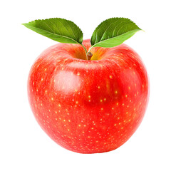 Bright red apple features two vibrant green leaves growing 