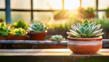 succulent in a ceramic pot on a wooden ledge in a sunlit greenhouse with blurred greenery ideal for marketing zen or eco friendly concepts