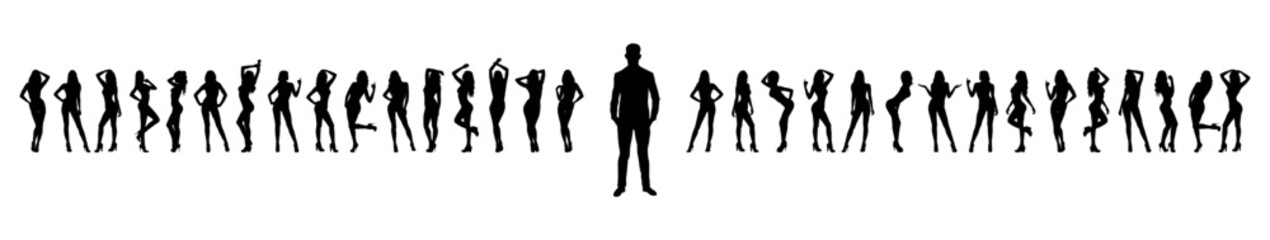 Fototapeta premium Man in suit standing out in front of group sexy female models in different poses standing in a row as background black silhouettes set.
