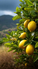 Fresh ripe lemons hanging on a lush green tree branch with a scenic hilly landscape in the background