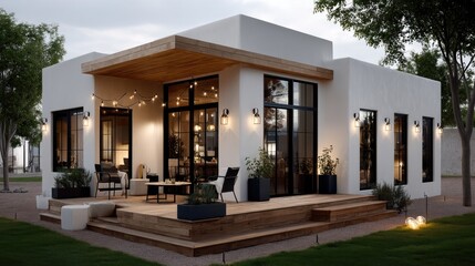 This modern two-story house showcases a stylish design with large windows and a welcoming outdoor area perfect for relaxation