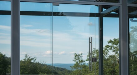 Fototapeta premium Modern glass window reflects trees and blue sky on sunny day