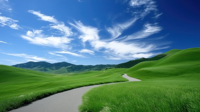 Idyllic Green Hills Landscape with Winding Path and Dramatic Sky