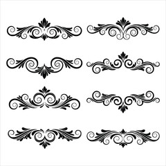 Collection of eight black and white decorative ornament illustrations isolated on white background, perfect for vintage, elegant, or wedding designs