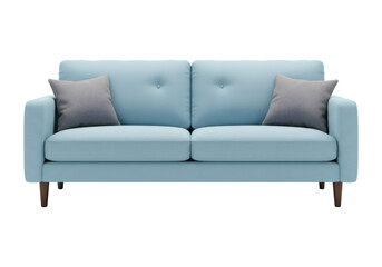 Light Blue Sofa With Two Gray Pillows and Transparent Background