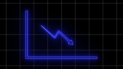 Neon blue graph showing a sharp downward trend with an arrow indicating a decline on a dark background