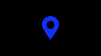 A vibrant blue location pin icon stands out against a stark black background symbolizing navigation and destination