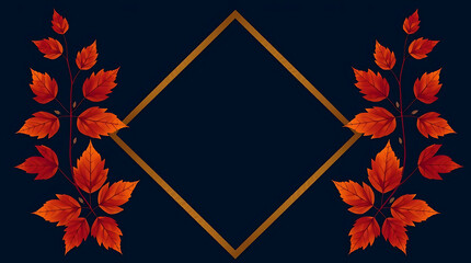 Autumn leaves frame with a golden rhombus on a dark blue background, perfect for seasonal designs, invitations, or announcements with a touch of elegance and style