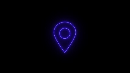 Fototapeta premium Glowing neon blue location pin icon on a dark black background representing navigation and search
