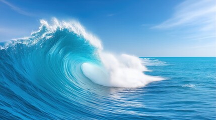 Majestic Blue Ocean Wave Breaking Under a Clear Sky