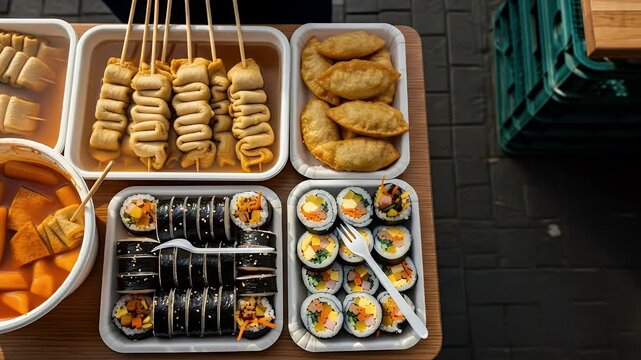 Korean Street Food &ndash; Tteokbokki, Eomuk Fish Cake, Fried Mandu Dumplings, and Kimbap Rolls.