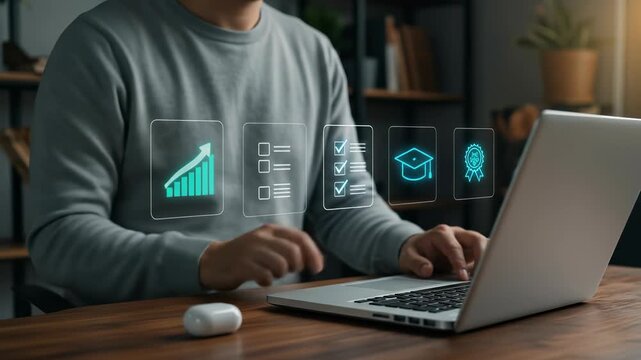 Online Education: Adult explores interactive virtual achievements on a laptop, tracking progress with graphs, certificates, and checklist badges.