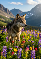 Majestic Wolf in a Wildflower Meadow.