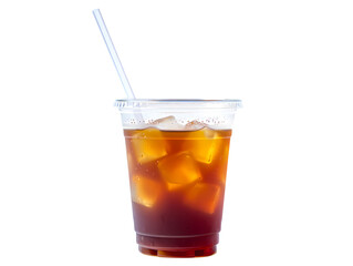 Iced coffee in a clear plastic cup with a straw, isolated on transparent background