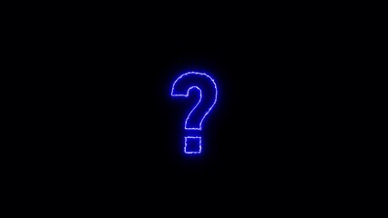 Illuminated blue neon question mark symbol glowing brightly against a deep black background