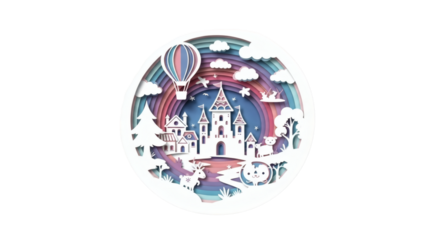 Paper cut fairytale scene with castle, hot air balloon and animals