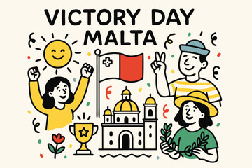 Victory Day Malta illustration with people and national flag