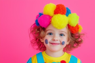 Fototapeta premium A cheerful child showcases a vibrant clown outfit and wig, radiating joy in a playful setting