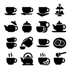Silhouette tea time icon set featuring cup, teapot, kettle, cookies, and lemon symbols