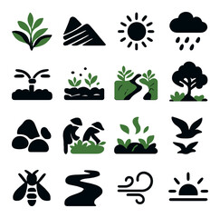 Silhouette nature icons set featuring plants, mountains, sun, rain, trees, path, and bee symbols
