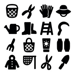 Silhouette gardening icon set featuring basket, shears, gloves, hat, watering can, boots, and ladder