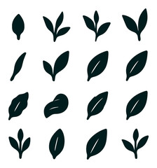 Silhouette nature icon set featuring leaf, plant, tree, eco, and foliage symbols